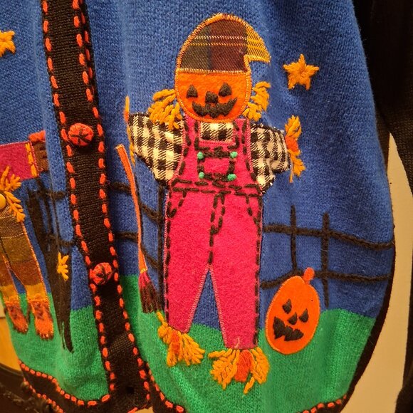 Arriviste Fall Halloween Embellished Scarecrow Leaves Cat Sweater Cardigan sz L - Picture 6 of 8